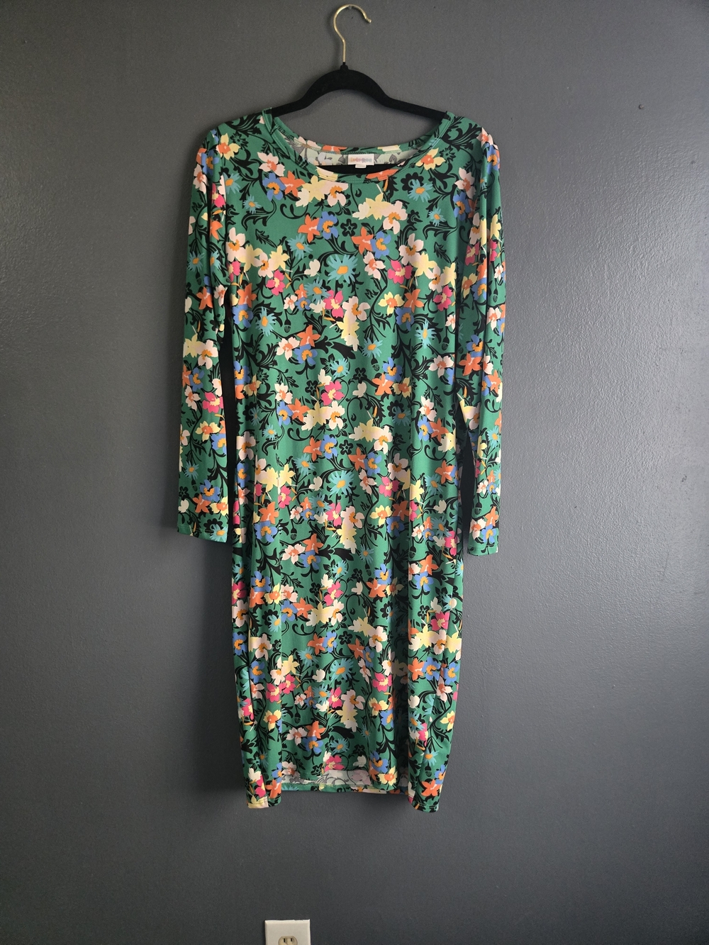 LuLaRoe Debbie Green Floral Long Sleeve Slim Sheath Dress Large